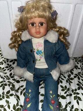 Collector's Choice Fine Bisque Porcelain Doll in Denim Fur-Trimmed